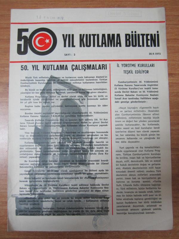 50.YIL KUTLAMA BÜLTENİ - 30.09.1972 - SAYI 2 - Cumhuriyetimizin 50. Yıldönümü Kutlama Genel Sekreterliği