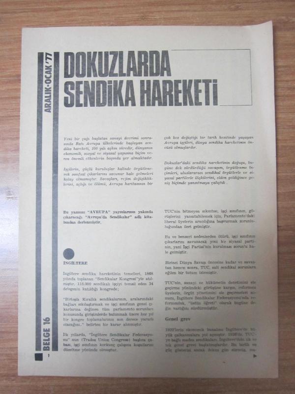 Avrupa Topluluğu Dergisi -Aralık-Ocak '77 - BELGE 16: Dokuzlarda Sendika Hareketi