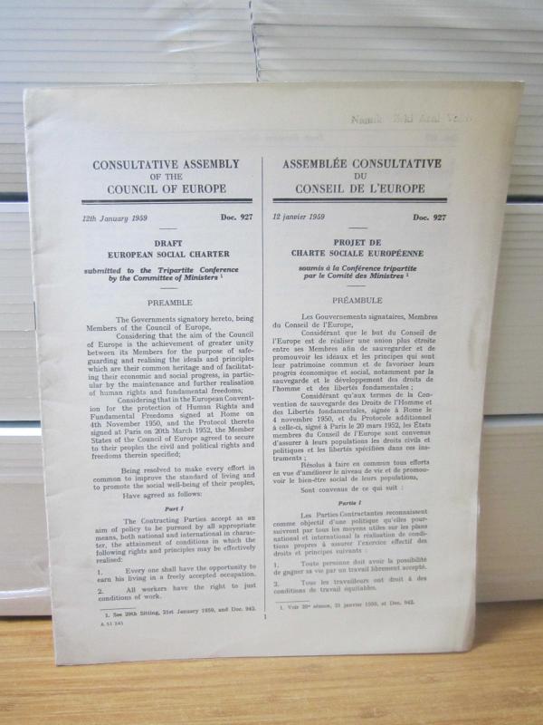 Consultative Assembly of The Council of Europe - Doc. 927 - 12th January 1959