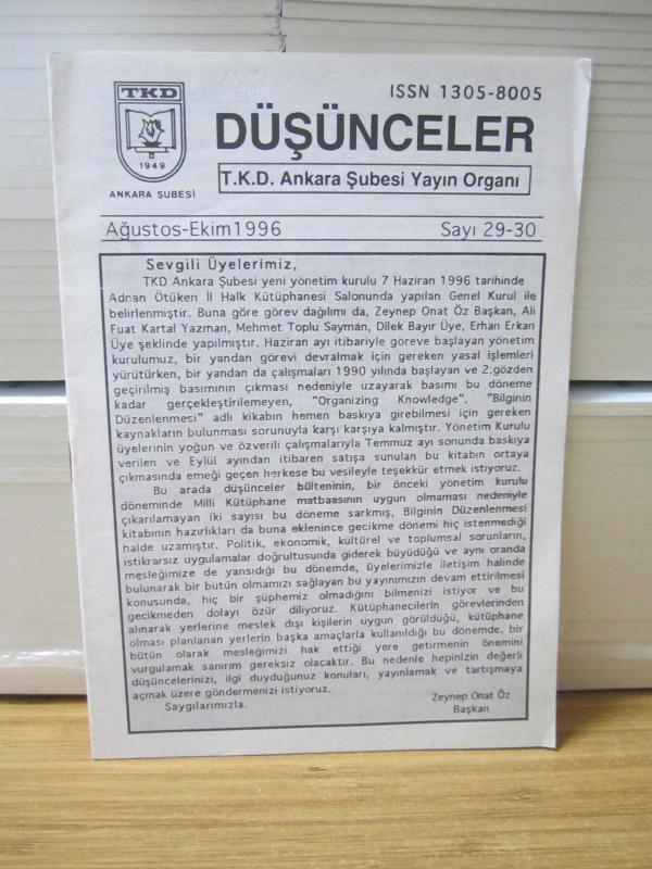 DÜŞÜNCELER Dergisi - Sayı 29-30 - Ağustos Ekim 1996 - Türk Kütüphaneciler Derneği Ankara Şubesi