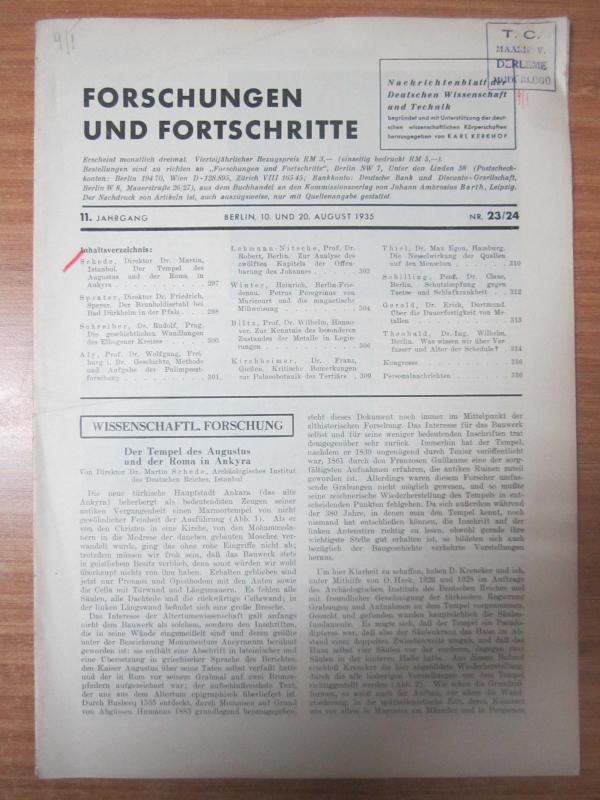FORSCHUNGEN UND FORTSCHRITTE Nachrichtenblatt der Deutschen Wissenschaft und Technik - Berlin, 10 und 20 August 1935 - 11.Jahrgang Nr. 23/24
