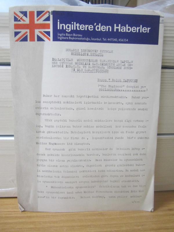 İngilitere'den Haberler İngiliz Basın Bürosu İngilitere Başkonsolosluğu İstanbul - Buharlı Lokomotif Oyuncak Modelleri Revaçta - RALPH TAPHOUSE