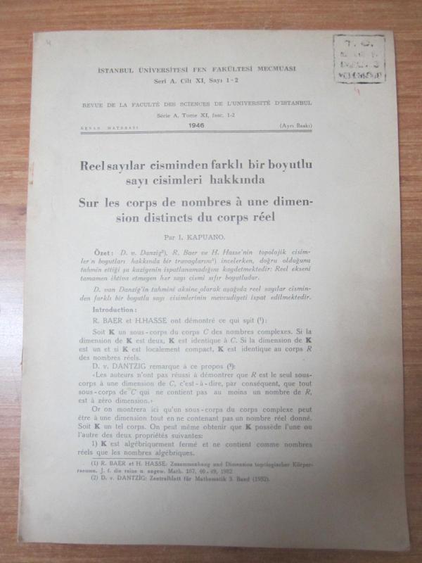 İstanbul Üniversitesi Fen Fakültesi Mecmuası Seri A Cilt XI Sayı 1-2 (Ayrı Baskı) 1946 - I. KAPUANO