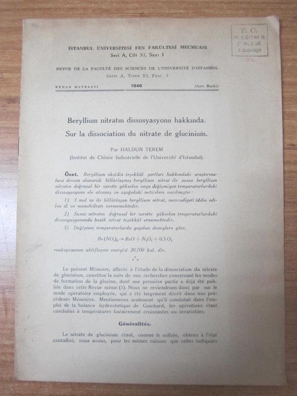 İstanbul Üniversitesi Fen Fakültesi Mecmuası Seri A Cilt XI Sayı 3 (Ayrı Baskı) 1946 - Haldun Terem