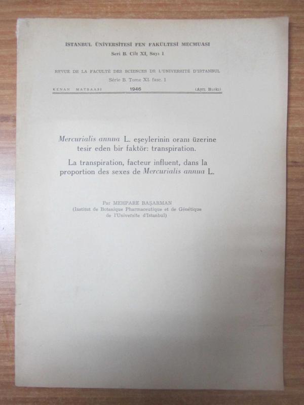 İstanbul Üniversitesi Fen Fakültesi Mecmuası Seri B Cilt XI Sayı 1 (Ayrı Baskı) 1946 - Mehpare Başarman