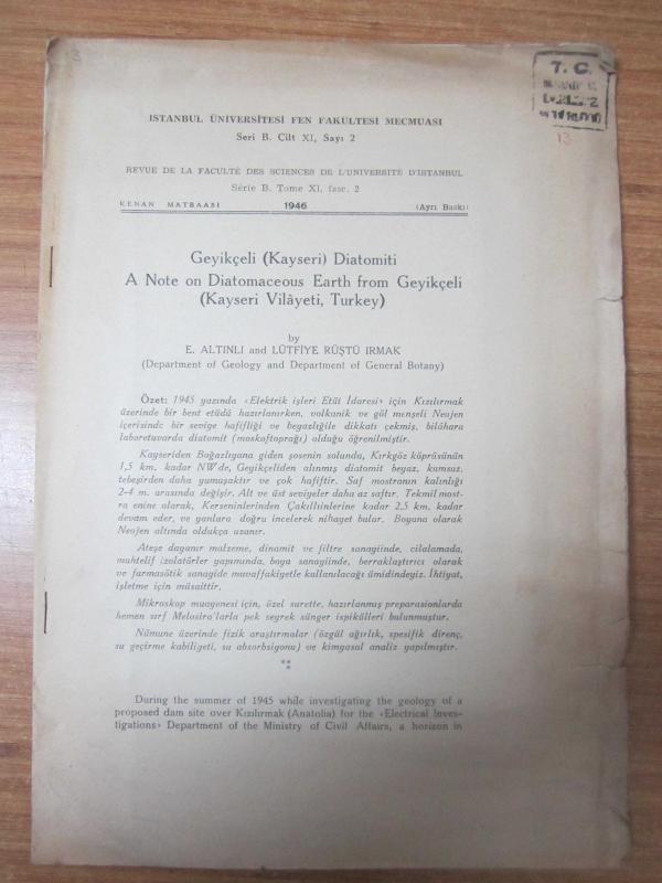 İstanbul Üniversitesi Fen Fakültesi Mecmuası Seri B Cilt XI Sayı 2 (Ayrı Baskı) 1946 - E. ALTINLI & LÜTFİYE RÜŞTÜ IRMAK