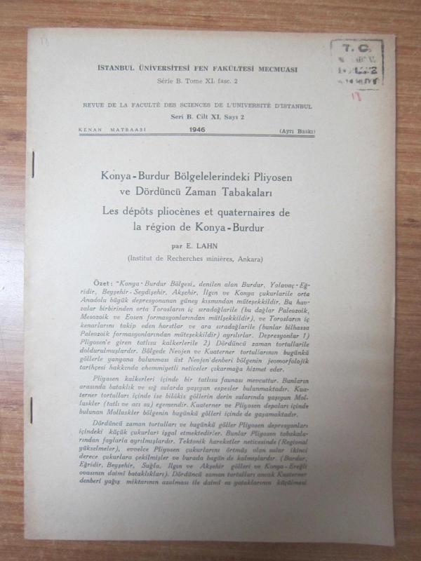 İstanbul Üniversitesi Fen Fakültesi Mecmuası Seri B Cilt XI Sayı 2 (Ayrı Baskı) 1946 - E. LAHN