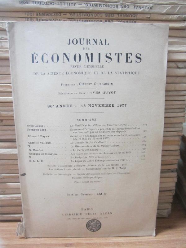 Journal des Economistes - Revue Mensuelle De La Science Economique Et De La Statistique - 86e Annee - 15 Novembre 1927