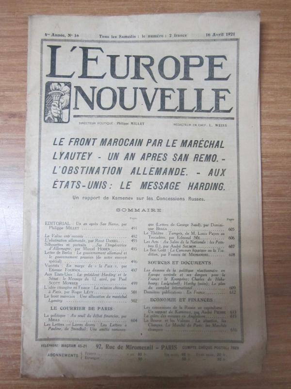L'EUROPE NOUVELLE - 16 Avril 1921 - 4me Annee No 16 [ Philippe MILLET & L. WEISS ]