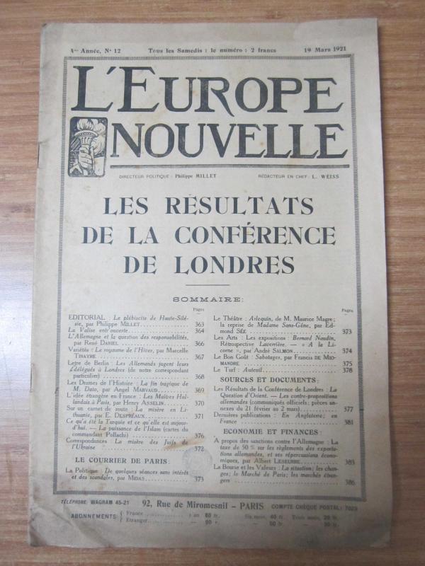 L'EUROPE NOUVELLE - 19 Mars 1921 - 4me Annee No 12 [ Philippe MILLET & L. WEISS ]