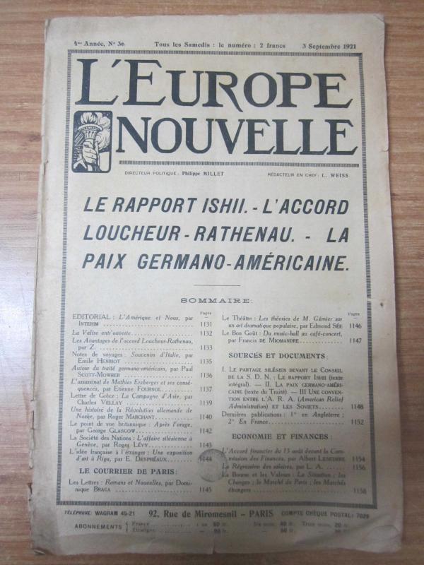 L'EUROPE NOUVELLE - 3 Septembre 1921 - 4me Annee No 36 [ Philippe MILLET & L. WEISS ]