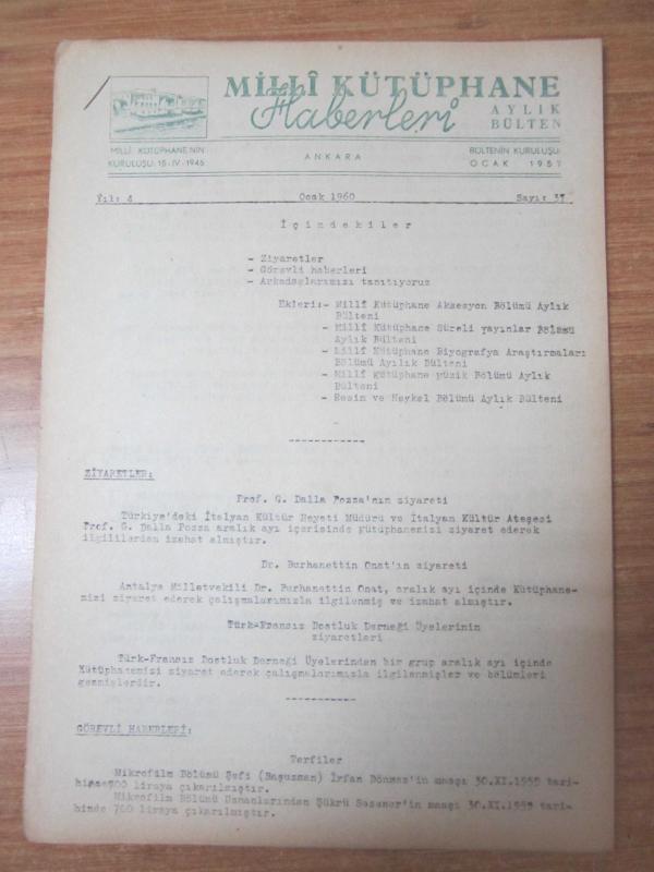Milli Kütüphane Haberleri Aylık Bülteni - Sayı 37 - Ocak 1960