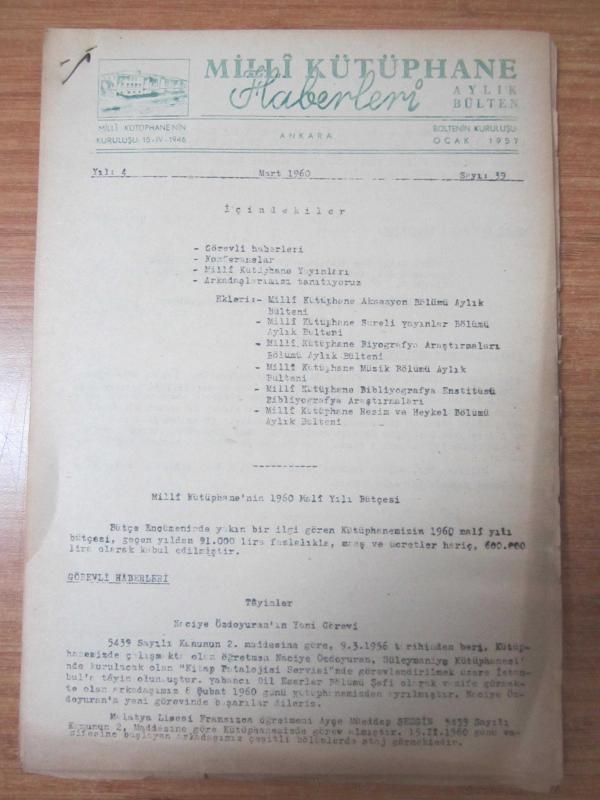 Milli Kütüphane Haberleri Aylık Bülteni - Sayı 39 - Mart 1960