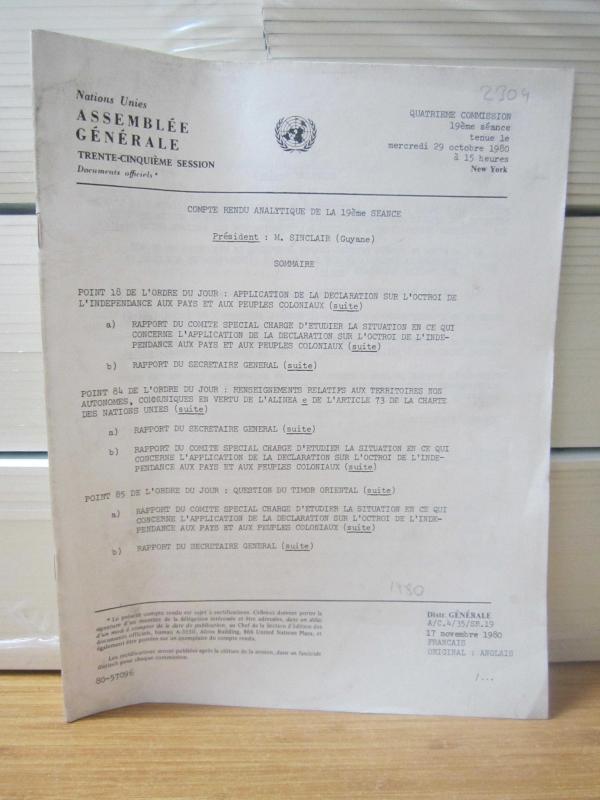Nations Unies Assemblee Generale - Compte Rendu Analytique de la 19eme Seance - 29 Octobre 1980