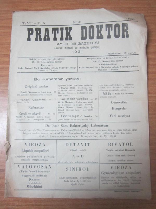 PRATİK DOKTOR Aylık Tıp Gazetesi - Cilt 8 Sayı 5 - Mayıs 1938 [ Dr. O. Nureddin Onur ]