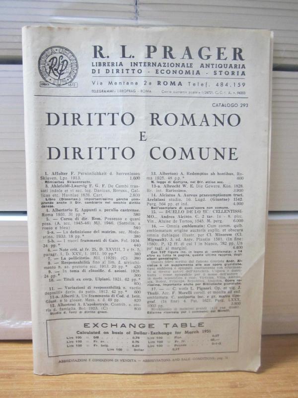 R. L. PRAGER Libreria Internazionale Antiquaria Di Diritto - Economia - Storia / Catalogo 293
