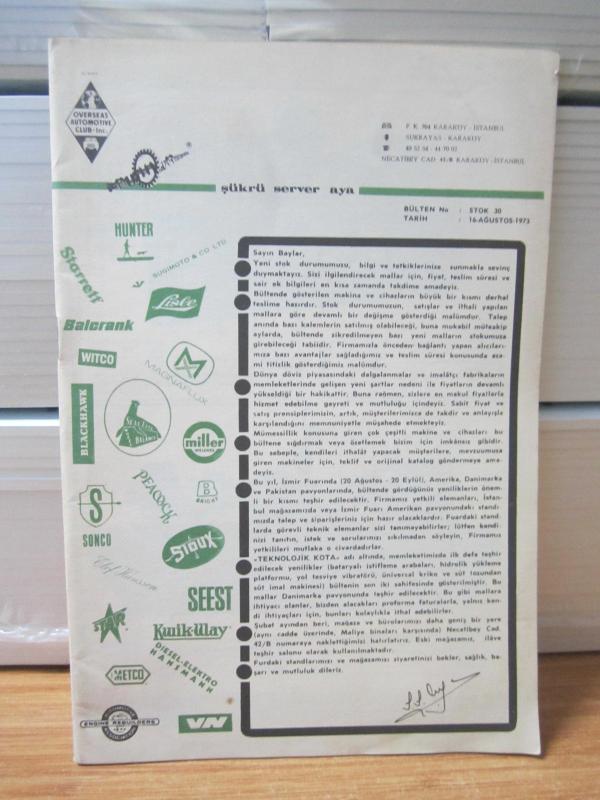ŞÜKRÜ SERVER AYA - Bülten No: Stok 30 - Tarih: 16 Ağustos 1973