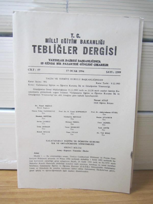 T.C. MİLLİ EĞİTİM BAKANLIĞI TEBLİĞLER DERGİSİ - 17 OCAK 1994 - 57.CİLT SAYI: 2399