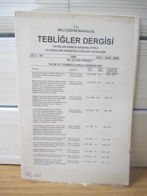 T.C. MİLLİ EĞİTİM BAKANLIĞI TEBLİĞLER DERGİSİ - 1996 YILI 59.CİLDİN FİHRİSTİ TALİM VE TERBİYE KURULU KARARLARI - SAYI: 2446-2468