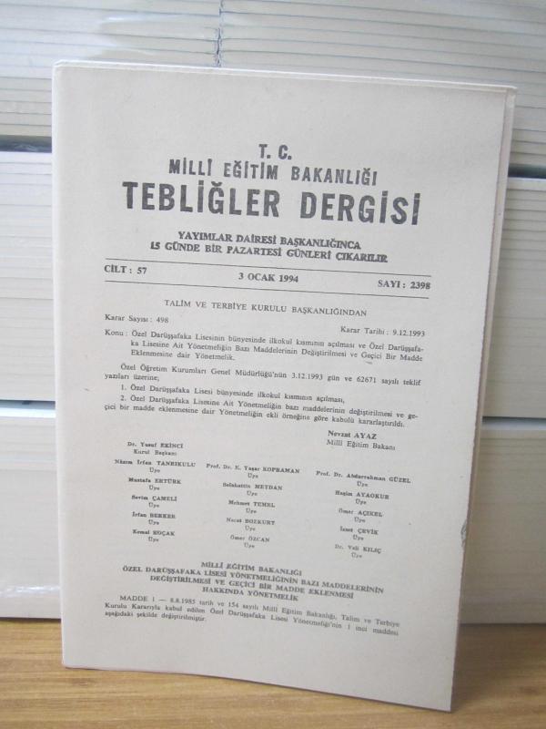 T.C. MİLLİ EĞİTİM BAKANLIĞI TEBLİĞLER DERGİSİ - 3 OCAK 1994 - 57.CİLT SAYI: 2398