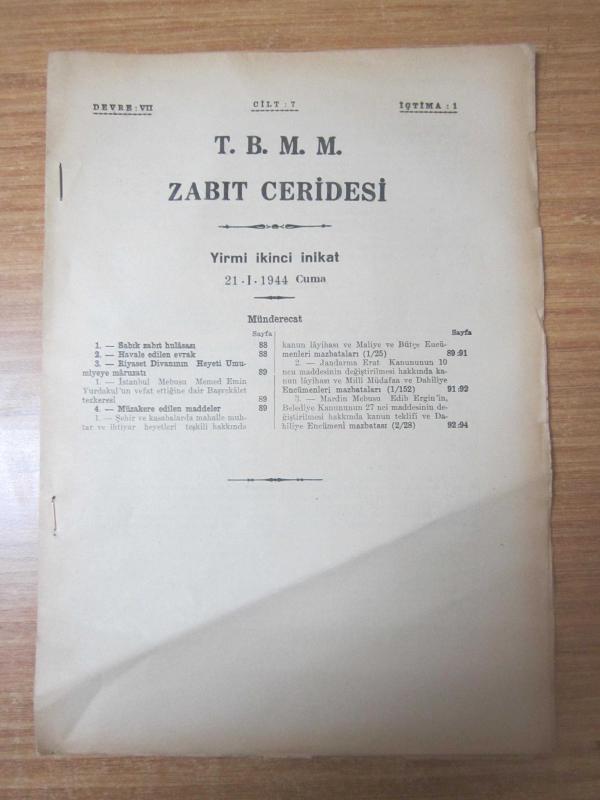 TBMM Zabıt Ceridesi - 7.Cilt Devre VII İçtima 1 - 22. İnikat (21.01.1944 Cuma)