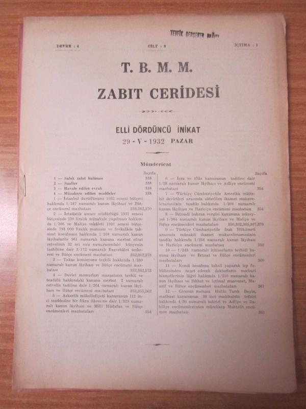 TBMM Zabıt Ceridesi - 8.Cilt Devre 4 İçtima 1 - 54. İnikat (29.5.1932 Pazar)