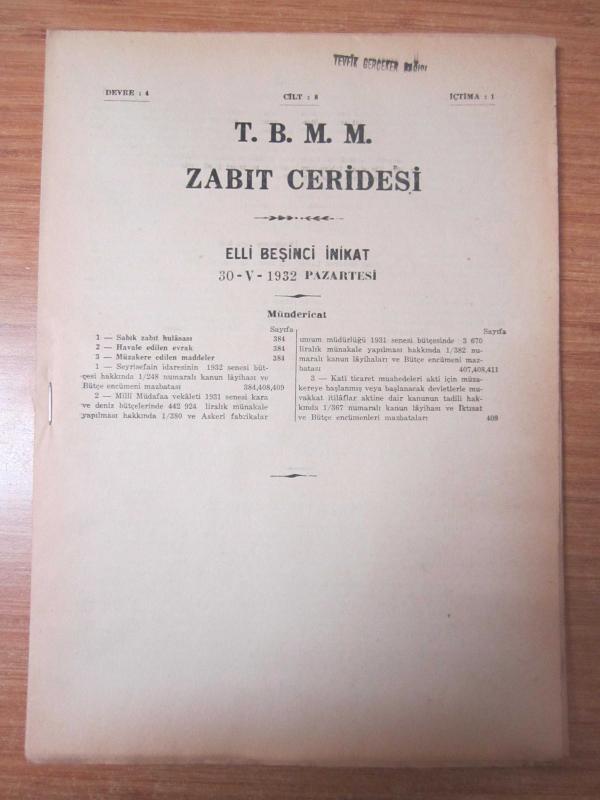 TBMM Zabıt Ceridesi - 8.Cilt Devre 4 İçtima 1 - 55. İnikat (30.5.1932 Pazartesi)