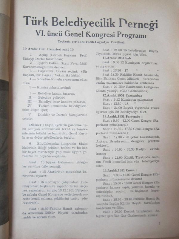 Türk Belediyecilik Derneği VI. üncü Genel Kongresi Programı  (Kapağı Yok) 1951