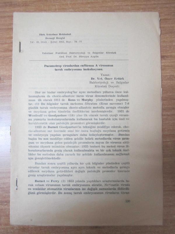 Türk Veteriner Hekimleri Derneği Dergisi - Yıl 23 - Ocak Şubat 1953 - Sayı 76-77 - Dr. Vet. Ömer ERTÜRK