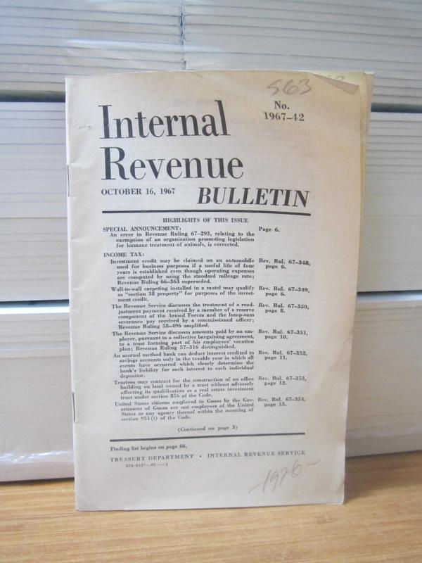 US Treasury Department Internal Revenue Service - Internal Revenue Bulletin No 1967-42 - October 16, 1967