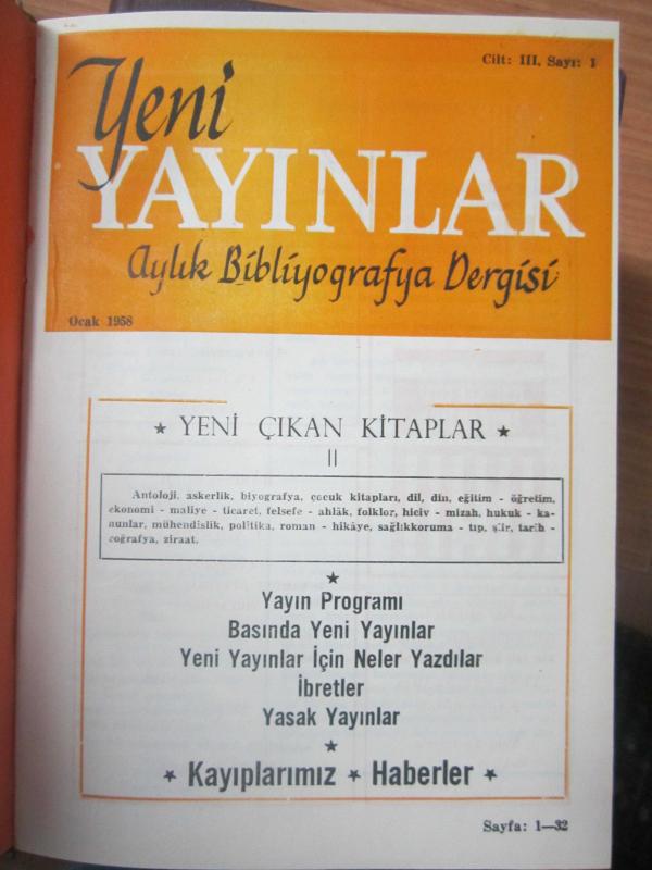 Yeni Yayınlar Aylık Bibliyografya Dergisi -  Ocak - Aralık 1958 - Ciltli